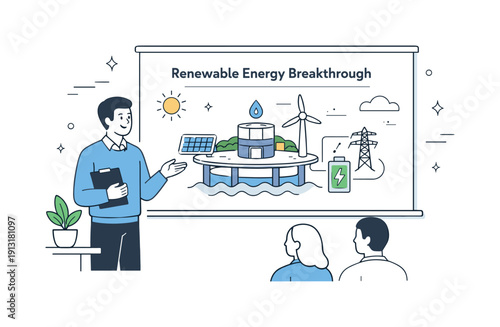 Clean Energy Breakthrough. Revolutionary developments in renewable energy. A researcher presenting a breakthrough clean energy concept on a large screen. Calm