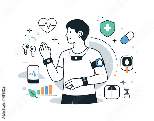 Future of wearable health tech. Abstract editorial scene combining a human figure with multiple wearable devices, floating health icons and