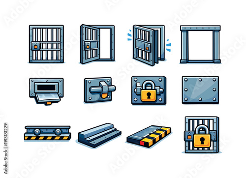 Prison cell door. Colorful isometric vector icons set of prison cell door: barred door front view, open cell door, closing door motion, steel