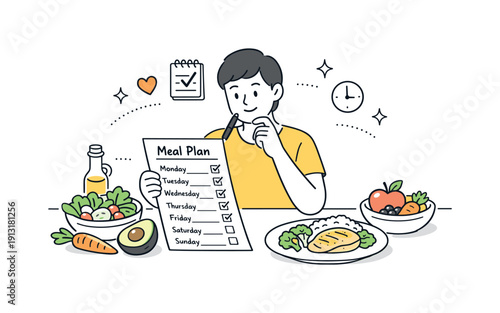 Healthy Meal Choices. Healthy meal planning routine. A person choosing meals from a list while fresh ingredients are shown nearby, mindful and balanced