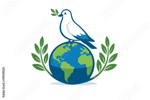 Peace dove with olive branch perched on globe symbolizing global harmony