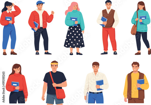 Diverse University and College Student Characters Carrying Notebooks and Bags for Higher Education, Academic Learning, and Campus Life Illustration