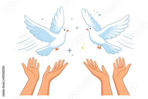 Two white doves flying up from open hands with sparkling stars