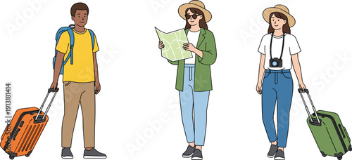 Diverse Young Traveler Characters with Suitcases, Backpacks, and Map for Tourism, Vacation Planning, and Global Travel Lifestyle Illustration