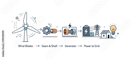 Wind turbine mechanics. Abstract representation of turbine blades connected to simple technical elements, showing how wind power works.