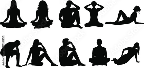 Collection of female silhouette figures in various seated poses isolated on white background, yoga meditation and relaxed sitting positions, black vector illustration set