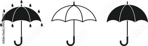 Umbrella icon set in rainy, outline, and solid styles representing weather protection, insurance, and safety concepts
