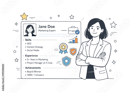 Self-promotion and career visibility. A professional confidently presents their skills on a digital profile screen, highlighting achievements