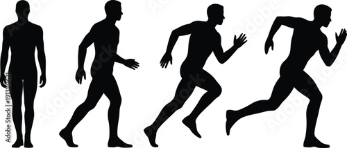 A series of four black male human silhouettes demonstrating standing, walking, jogging, and running postures