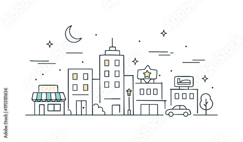 City night lights. Minimal buildings with gentle light outlines in windows and signs, creating a peaceful night city feeling inspired by neon