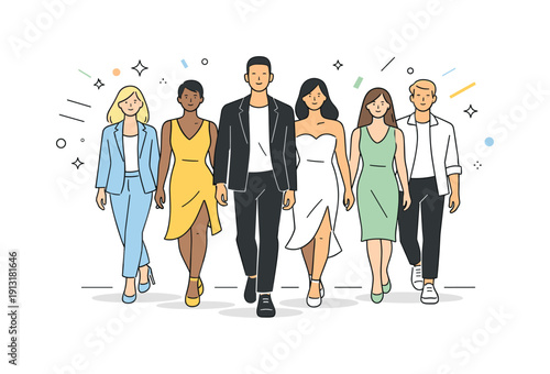 Final runway walk. Multiple models walking together at the end of the show, balanced composition showing confidence, harmony, and completion,