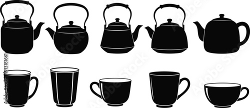 Set of black teapot and kettle vector silhouettes, ceramic tea cup icons for kitchenware design, cafe menu branding, and hot beverage breakfast elements.