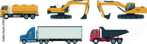 Heavy construction trucks and excavators set flat vector illustration isolated on white background industrial transport machinery collection