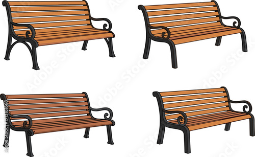 Classic wooden park benches vector set isolated outdoor seating furniture illustration with metal frame design for urban parks gardens landscapes