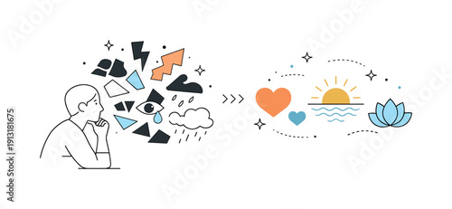 Processing past trauma. A thoughtful character looking at fragmented abstract memories that gradually reorganize into calm symbols. The scene