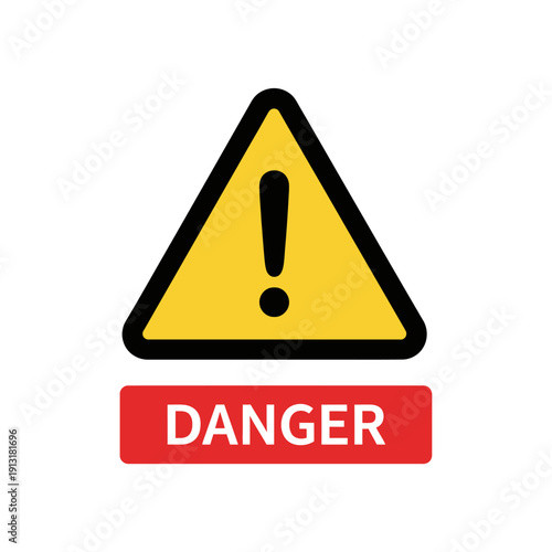Danger Warning Sign with Exclamation Mark and Red Banner