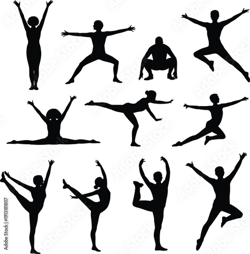 Collection of Female Yoga and Fitness Silhouettes Showing Dynamic Stretching, Balance and Dance Poses Isolated on White Background for Wellness and Workout Design