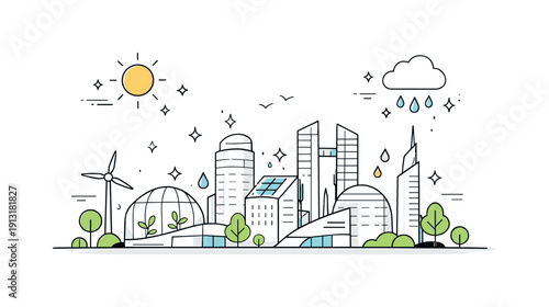 Future city surfaces. A skyline of self-cleaning buildings under sun and rain icons, surfaces staying bright and clear. Resilience,