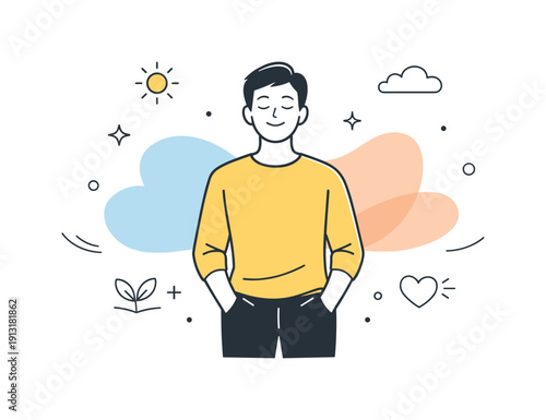 Happiness. A person smiles calmly while standing in a simple open space with soft abstract shapes around. Light, positive mood expressing