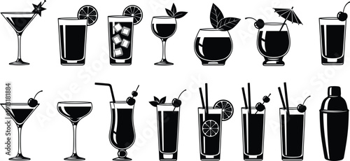Set of cocktail vector illustrations, collection of black and white alcohol drink icons, tropical beverage silhouettes with garnishes for bar menu design,