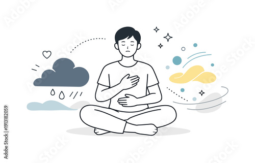 Managing emotional stress. A person sitting quietly, acknowledging heavy feelings while practicing calm self-regulation. Soft abstract shapes