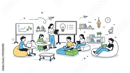 Flexible education future. A modern classroom without fixed desks, featuring movable elements and relaxed learning zones. The illustration