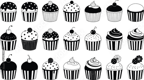 Set of cupcake vector illustrations, collection of black and white dessert icons, delicious muffin silhouettes with various toppings for bakery shop branding,