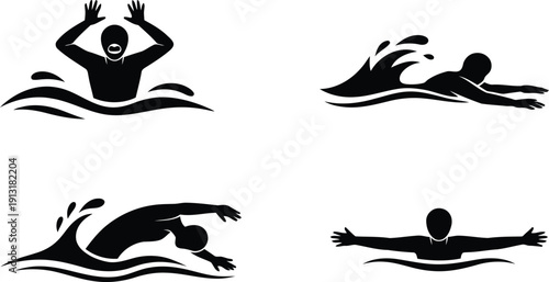 A set of black silhouettes depicting a person drowning and three swimmers in various strokes