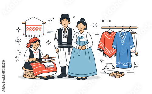 Ethnic garments and heritage. A calm editorial scene with traditional clothing displayed on people and simple hanging textiles nearby. The