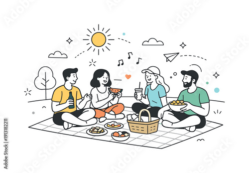 Friends hanging out in a park, enjoying a sunny afternoon picnic. Group of friends sitting on a blanket, sharing snacks and chatting under