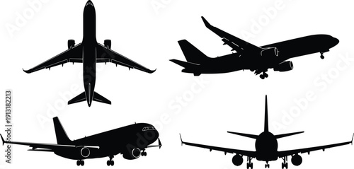 Commercial airplane silhouette set featuring passenger jet aircraft from top side front and landing views isolated on white background black vector illustration