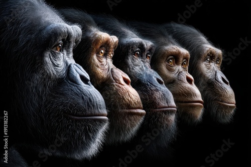 Evolution of primates displayed through five distinct faces in a progressive lineup