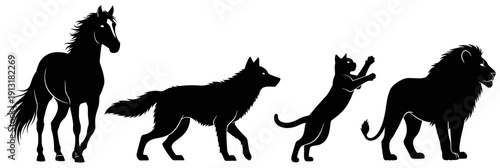 Photography Vector, black, silhouette, set, of, majestic, animals, including, a, running, ho