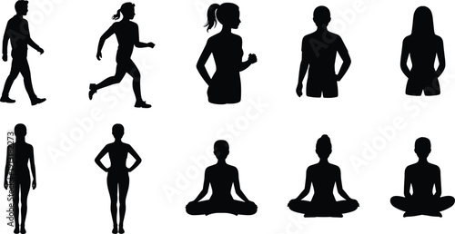 Collection of male and female fitness silhouettes showing walking, running and yoga meditation poses isolated on white background, healthy lifestyle and workout vector illustration set