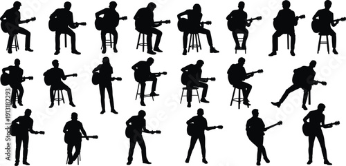 Collection of guitarist silhouettes isolated on white background, acoustic and electric guitar player poses sitting and standing, black vector set for music design and branding