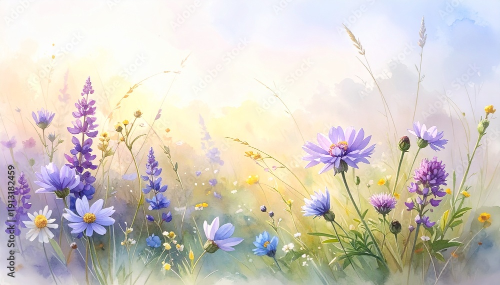 Fototapeta premium Zarte Wiesenblumen im Morgenlicht