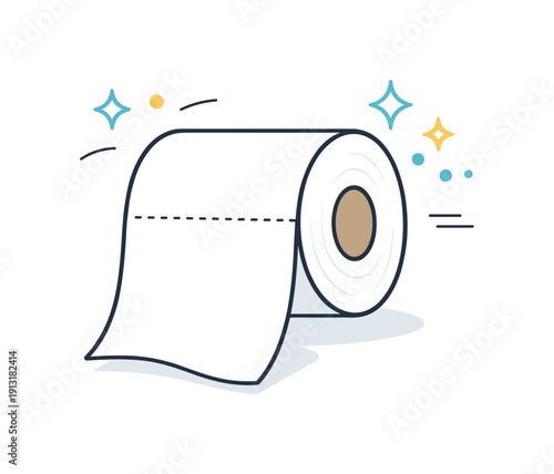 Simple daily object. A toilet paper roll combined with subtle sparkles and clean lines, emphasizing freshness and cleanliness. The
