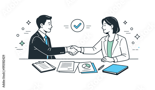 Business Handshake Illustration. Business negotiations and deal-making. Two professionals shaking hands across a table, documents neatly arranged between them.