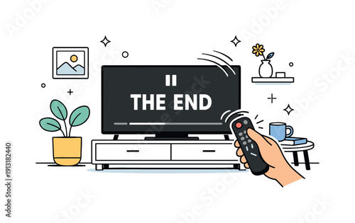 End of a TV show. A living room scene with a paused screen and a hand reaching for the remote, signaling closure. Soft motion lines show the