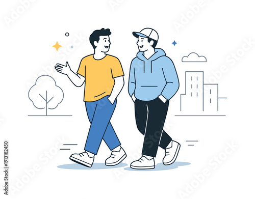 Walking with a friend. Two friends strolling casually, one gesturing while talking, with simple trees or buildings suggested in the