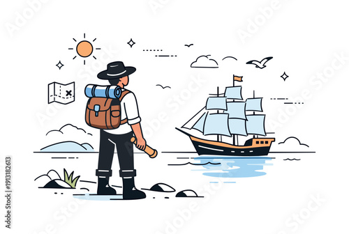 Life of an explorer. A calm editorial scene with an explorer figure standing on shore, ship behind, looking toward the horizon. The mood