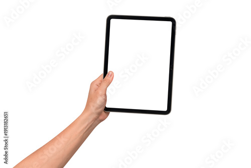 Hand holding modern tablet mockup with blank screen isolated on transparent background. Tablet PC with empty display for copy space.
