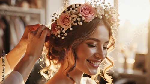 Beautiful young woman smiling while wearing floral crown in soft golden light