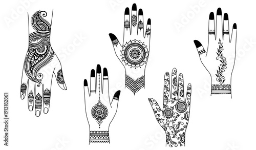 Female hands with mehndi henna palm patterns traditional vector set