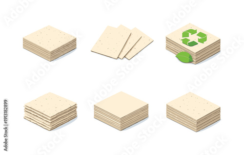 Recycled paper sheets. Isometric flat vector icons set of recycled paper sheets: recycled paper stack top view, angled paper