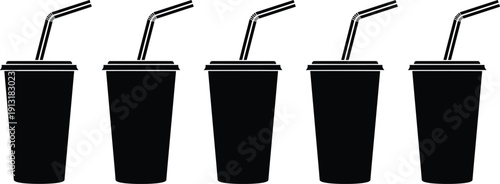 Disposable takeaway drink cup silhouettes collection featuring paper beverage cups with straws isolated on white background black vector illustration set