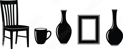 Home interior object silhouettes collection featuring chair mug vase and picture frame isolated on white background black vector illustration set