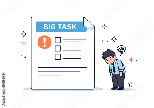 Fear of failure workplace impact. An employee shrinking slightly beside an oversized task or document, symbolizing overwhelm and self-doubt.