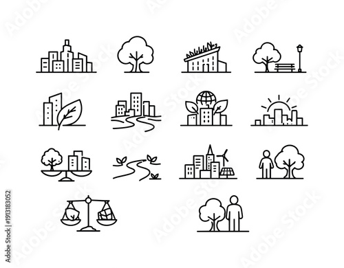 Urban-Nature Icons. Urbanization and Nature. Line icon set of Urbanization and Nature: city skyline, tree silhouette, building with green roof, urban park,
