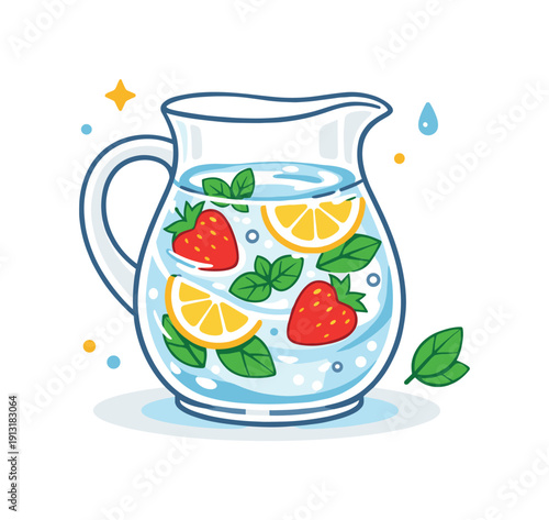Refreshing Fruit Infusion. Fruit infusions illustrated through a pitcher with strawberries, lemon and mint gently swirling in water, suggesting freshness and